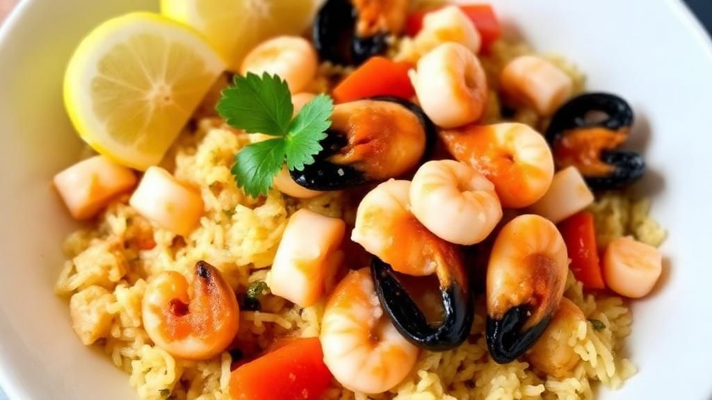 Guiso De Mariscos Con Arroz y Salsa Criolla (Arroz con Mariscos)