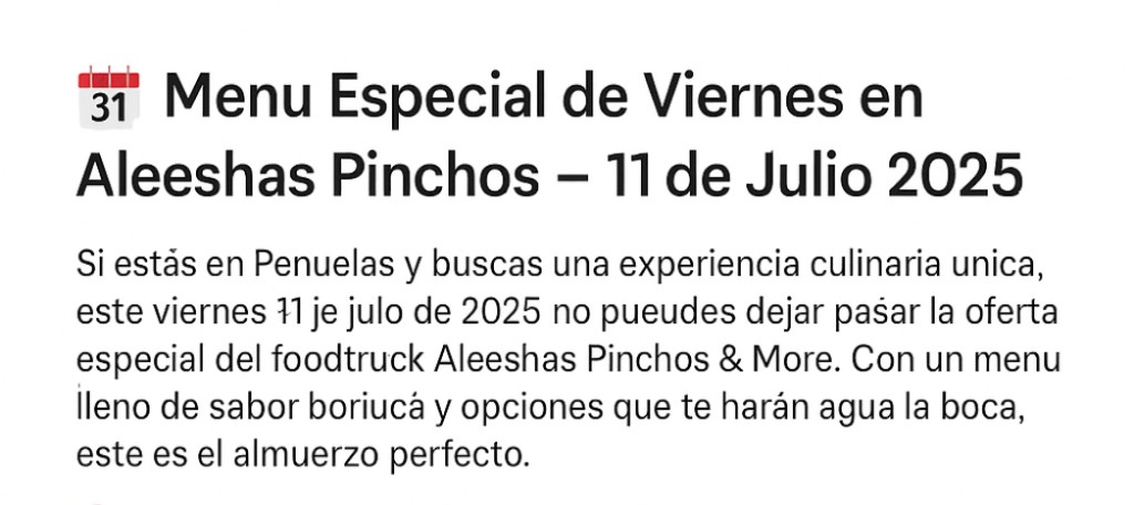 Menu Especial de Viernes en Aleeshas Pinchos de Julio