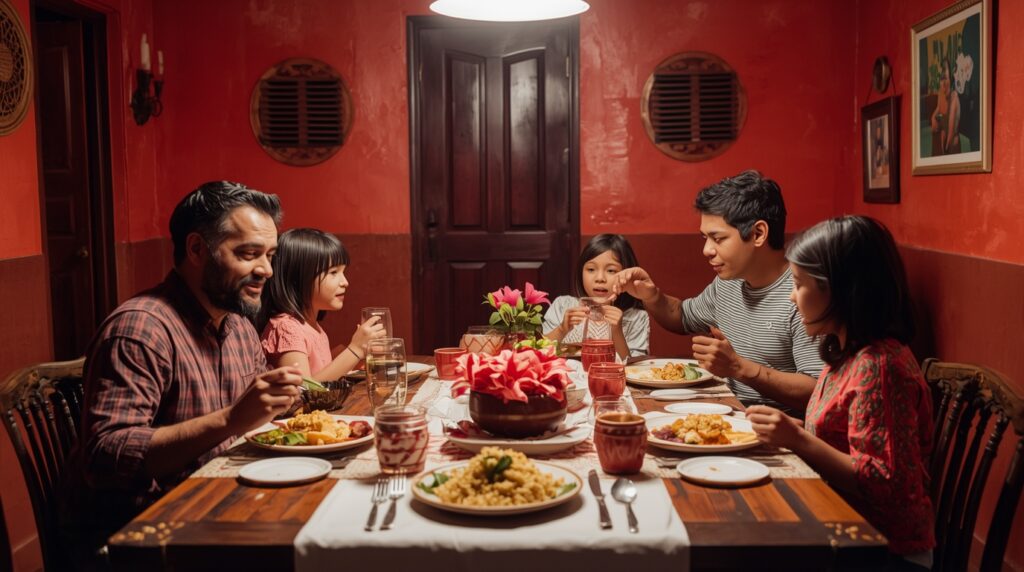 Recetas Puertorriqueñas Familia disfrutando mofongo en comedor tradicional
