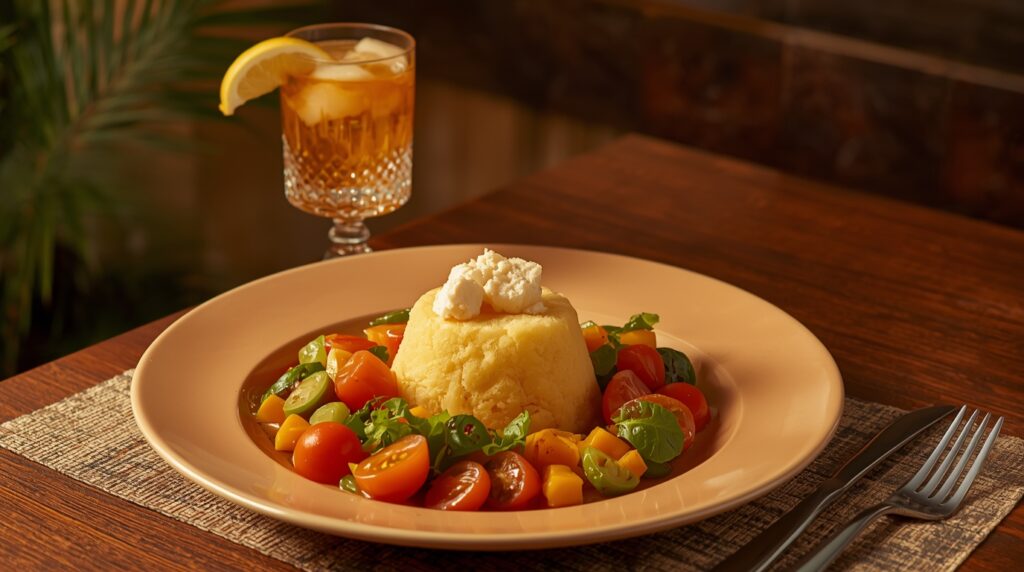 Mofongo servido con ensalada y bebida tropical