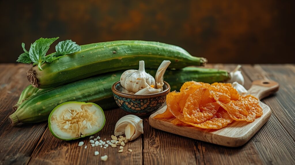 Plátanos verdes, ajo y chicharrón sobre mesa rústica