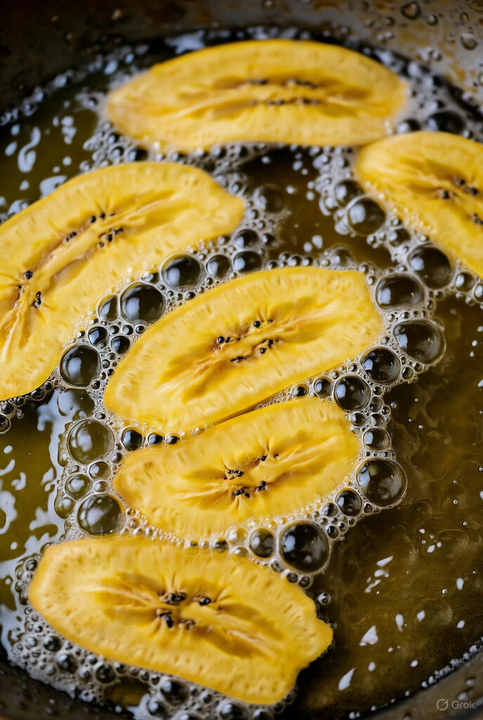 Rodajas de plátano frito dorándose en sartén con aceite caliente