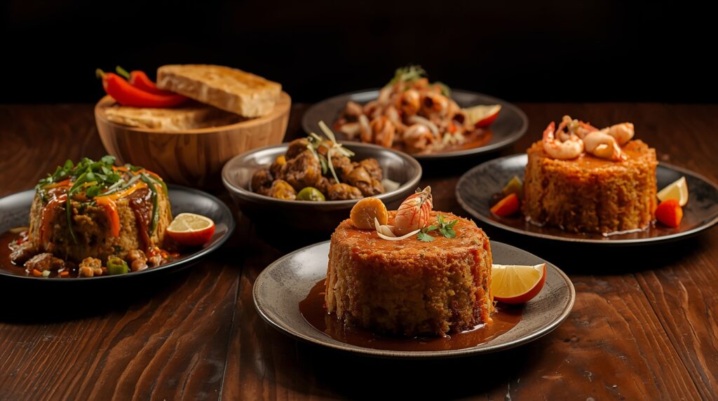 Recetas Puertorriqueñas Varias versiones de mofongo en mesa de madera